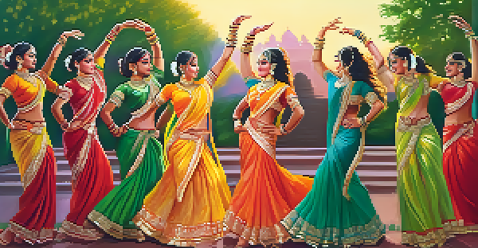 A group of dancers performing a traditional Indian dance in colorful attire against a sunset backdrop.