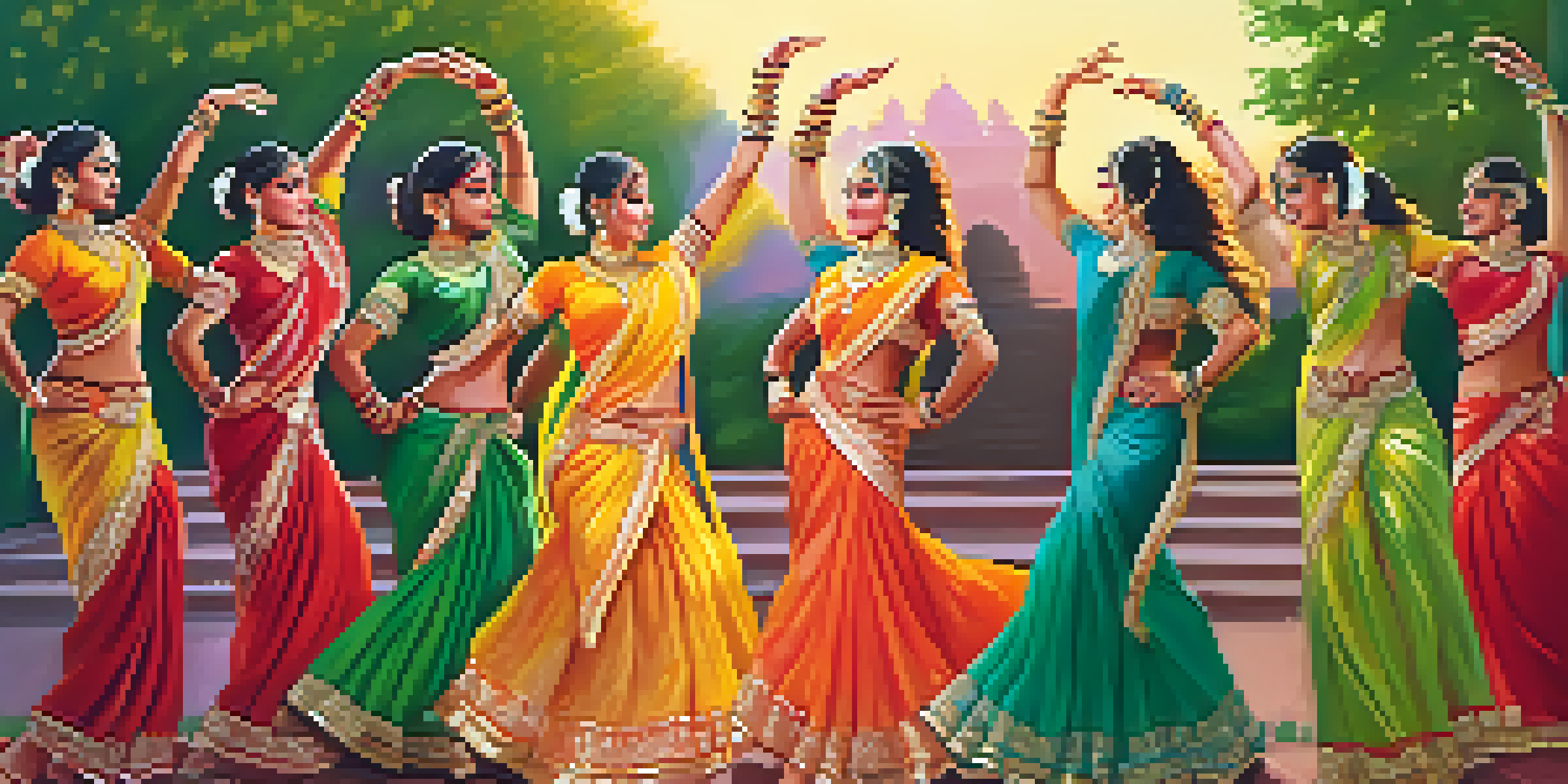 A group of dancers performing a traditional Indian dance in colorful attire against a sunset backdrop.
