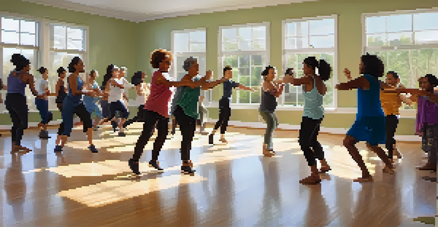 Participants of different ages and ethnicities taking part in a joyful dance workshop in a well-lit community center, with mirrors reflecting their movements.