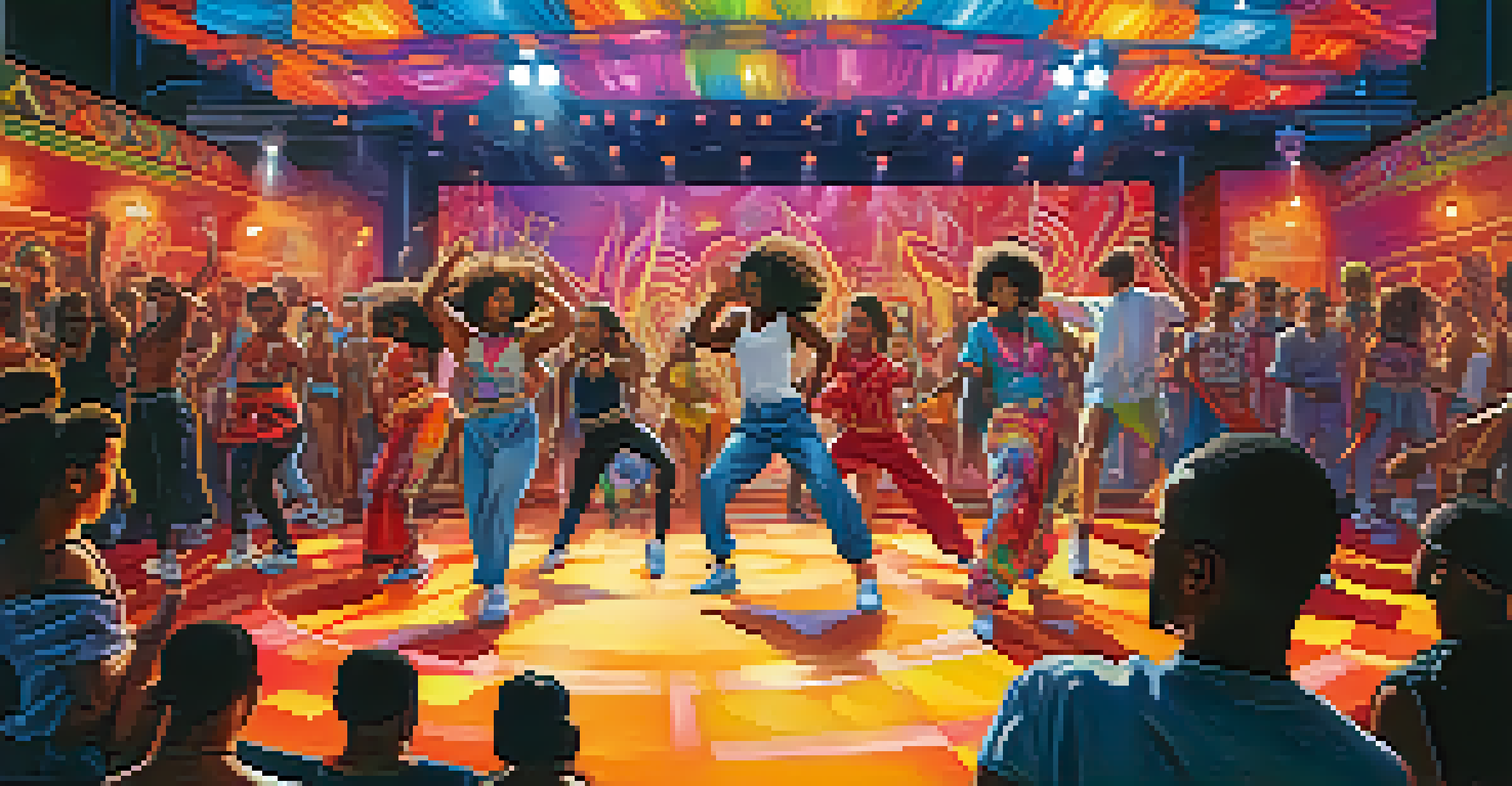 A dynamic dance competition featuring diverse dancers performing a fusion of hip-hop and traditional dance styles on a brightly lit stage.
