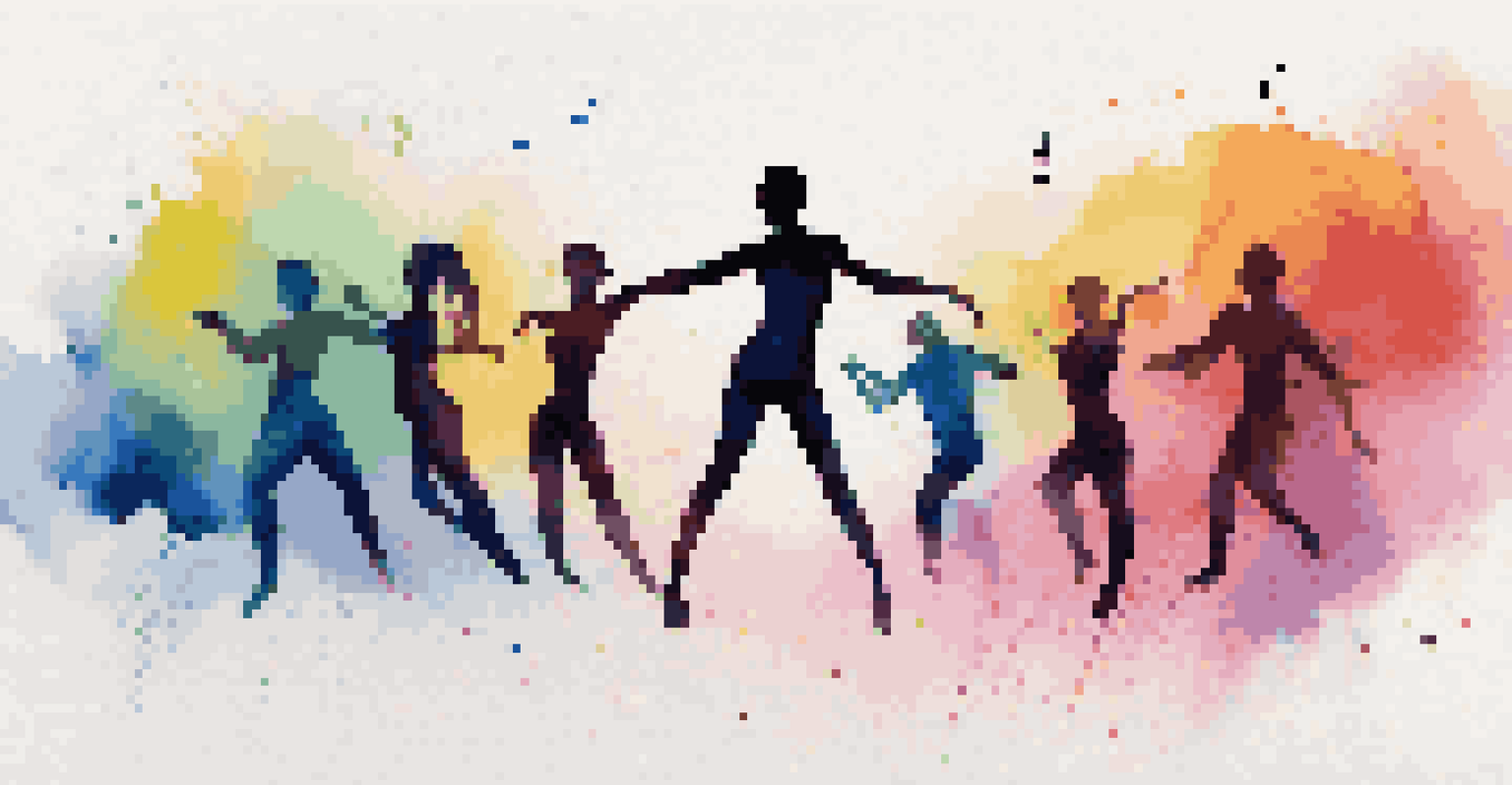 An artistic dance podcast logo with vibrant colors and abstract figures in motion, integrating sound waves and musical notes.