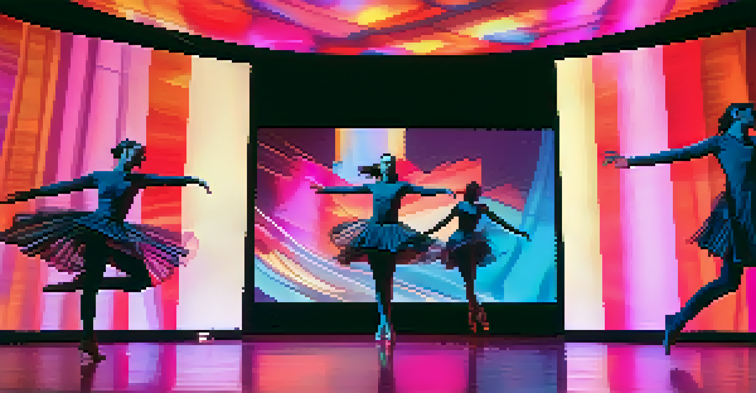 Dancers performing on stage with dynamic video projections and colorful lighting, wearing futuristic outfits in a surreal atmosphere.