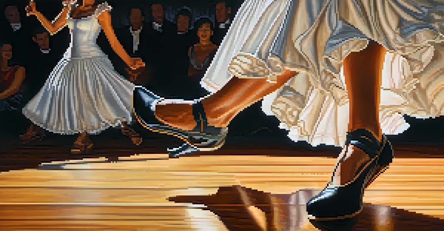 Close-up of flamenco shoes on a wooden stage, with a dancer in a flowing skirt in the background, highlighting the energy of the dance.