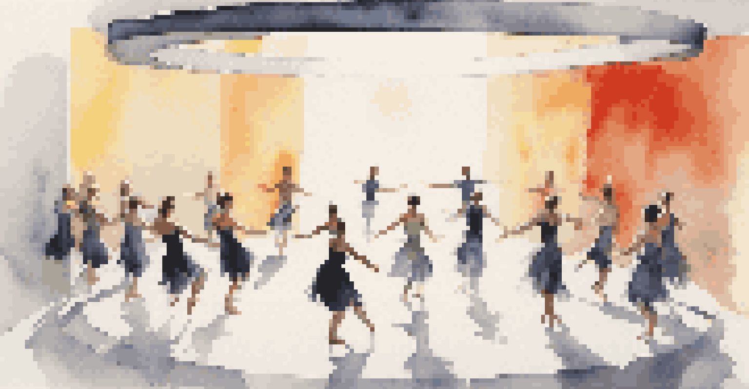 A modern dance performance in a circular theater setup, with bright lighting illuminating the dancers against a white backdrop.