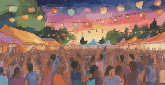 A lively outdoor dance festival with a diverse crowd dancing under colorful lights at sunset, highlighting sustainability themes.