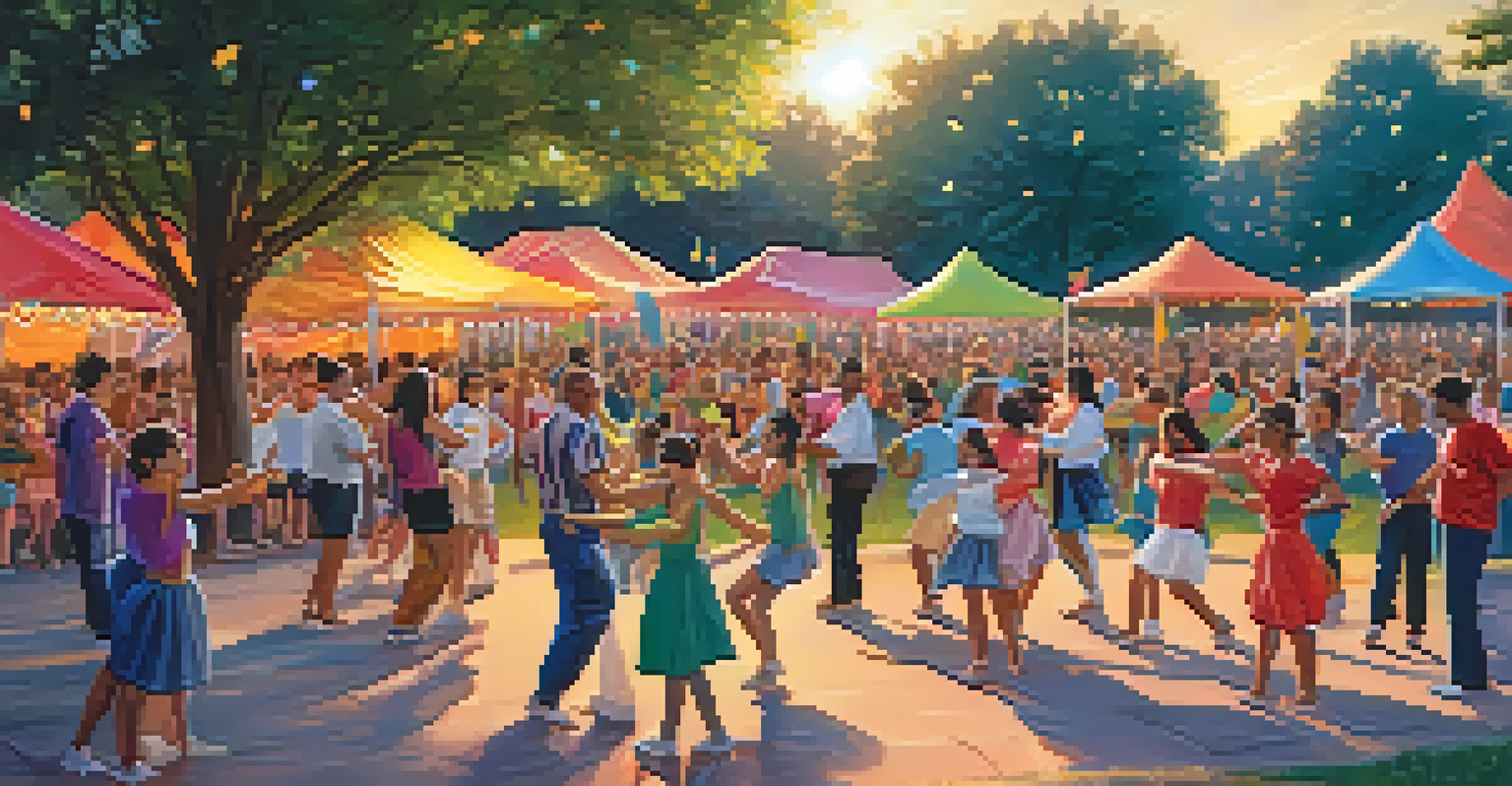 A lively community dance festival in a park with participants of all ages dancing and enjoying the atmosphere.