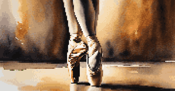 A close-up of a dancer's feet in bright ballet shoes on stage, illuminated by a soft spotlight against a dark theater background.