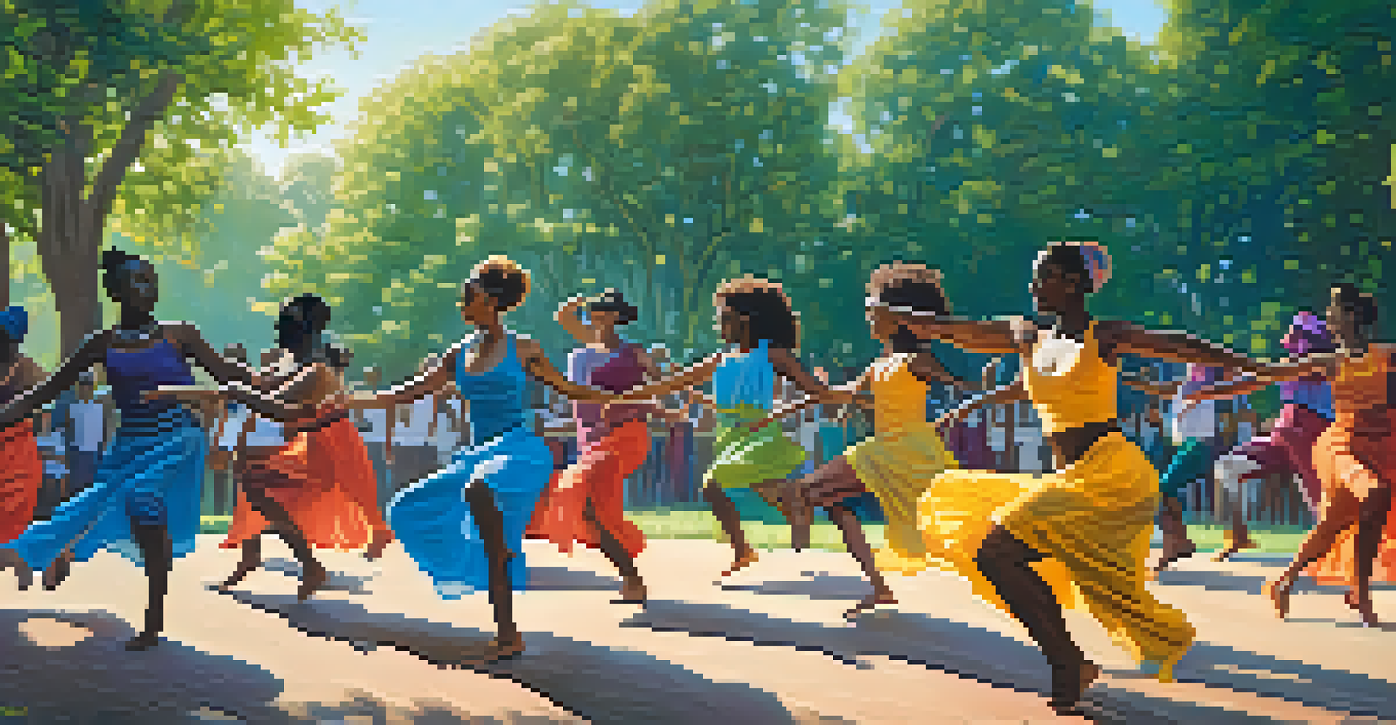 A group of dancers showcasing a fusion of African and contemporary dance styles in a sunny park.