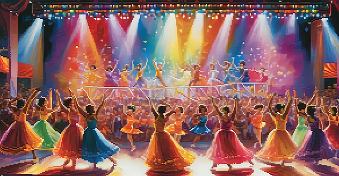 A lively dance competition with dancers on stage and an engaged audience, colorful lights, and decorations.