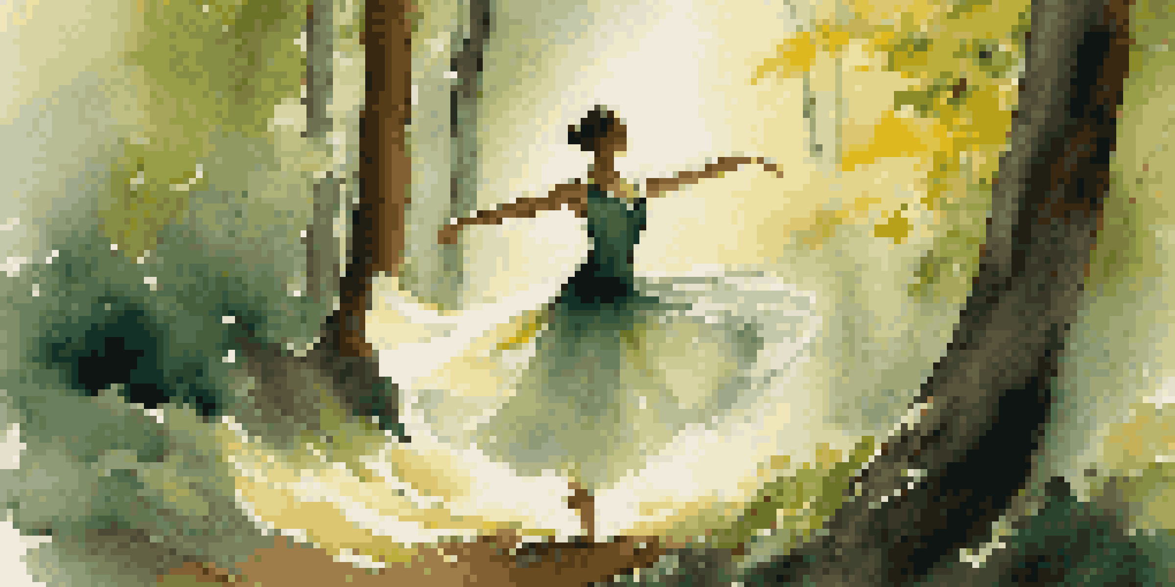 A dancer twirling in a sunlit forest, surrounded by green trees and soft light.
