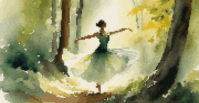 A dancer twirling in a sunlit forest, surrounded by green trees and soft light.
