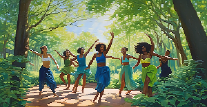 A group of diverse dancers expressing themselves through improvisational dance in a lush green outdoor setting with sunlight filtering through the trees.