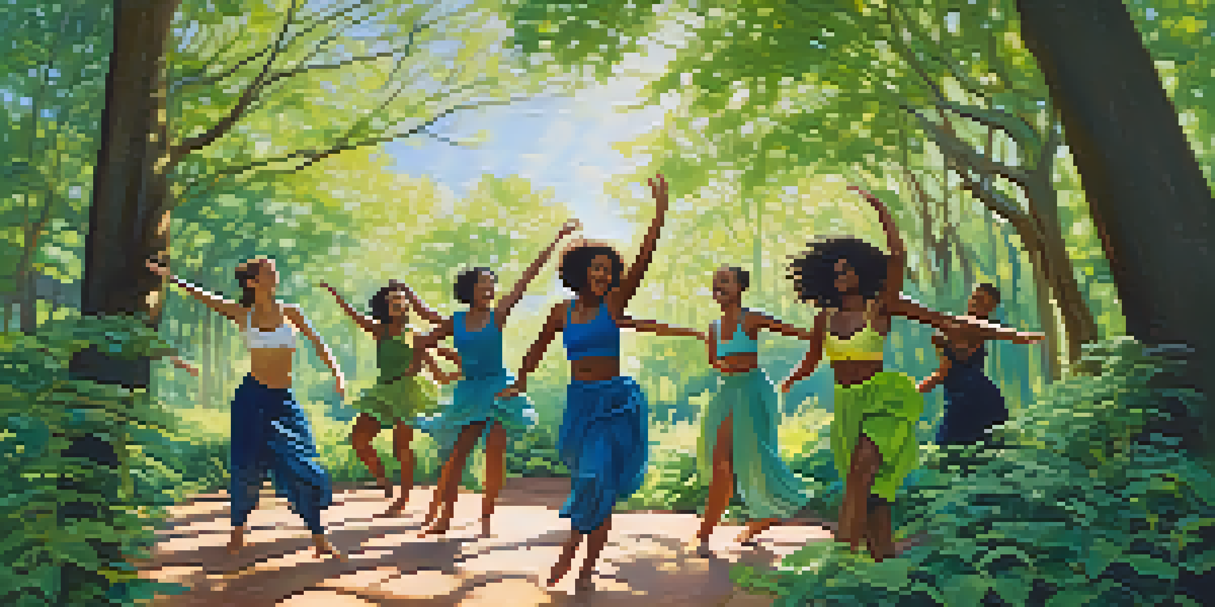 A group of diverse dancers expressing themselves through improvisational dance in a lush green outdoor setting with sunlight filtering through the trees.