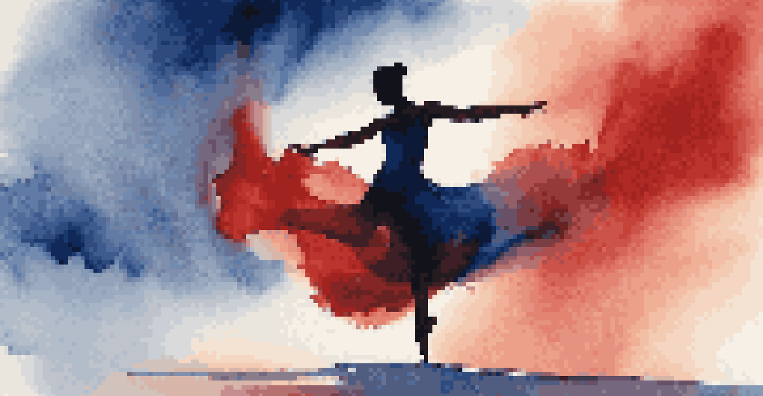 A silhouette of a dancer leaping with dramatic blue and red lighting in the background.