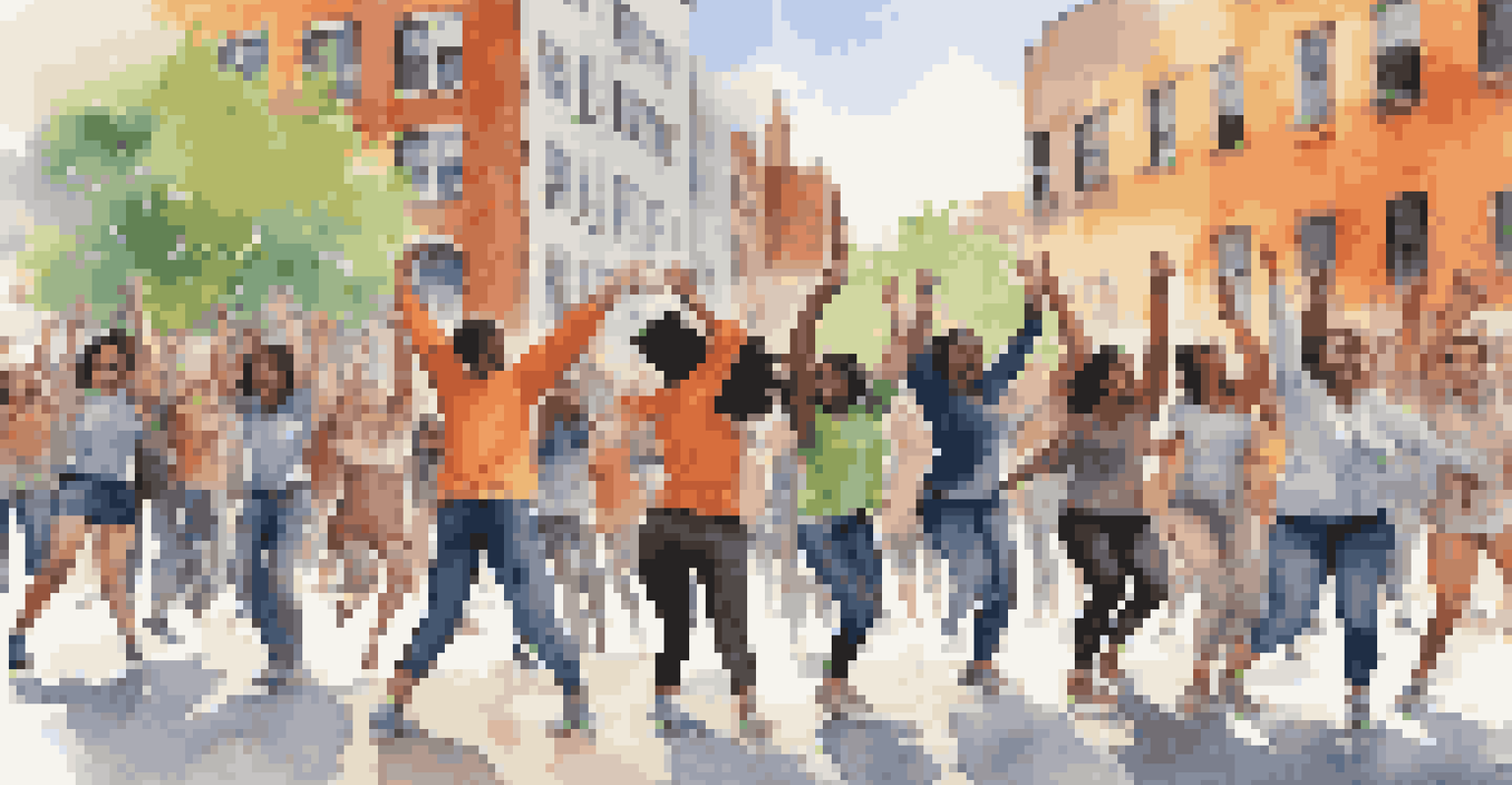 A lively flash mob of young dancers in an urban area, performing to raise awareness about climate change against a backdrop of colorful street art.