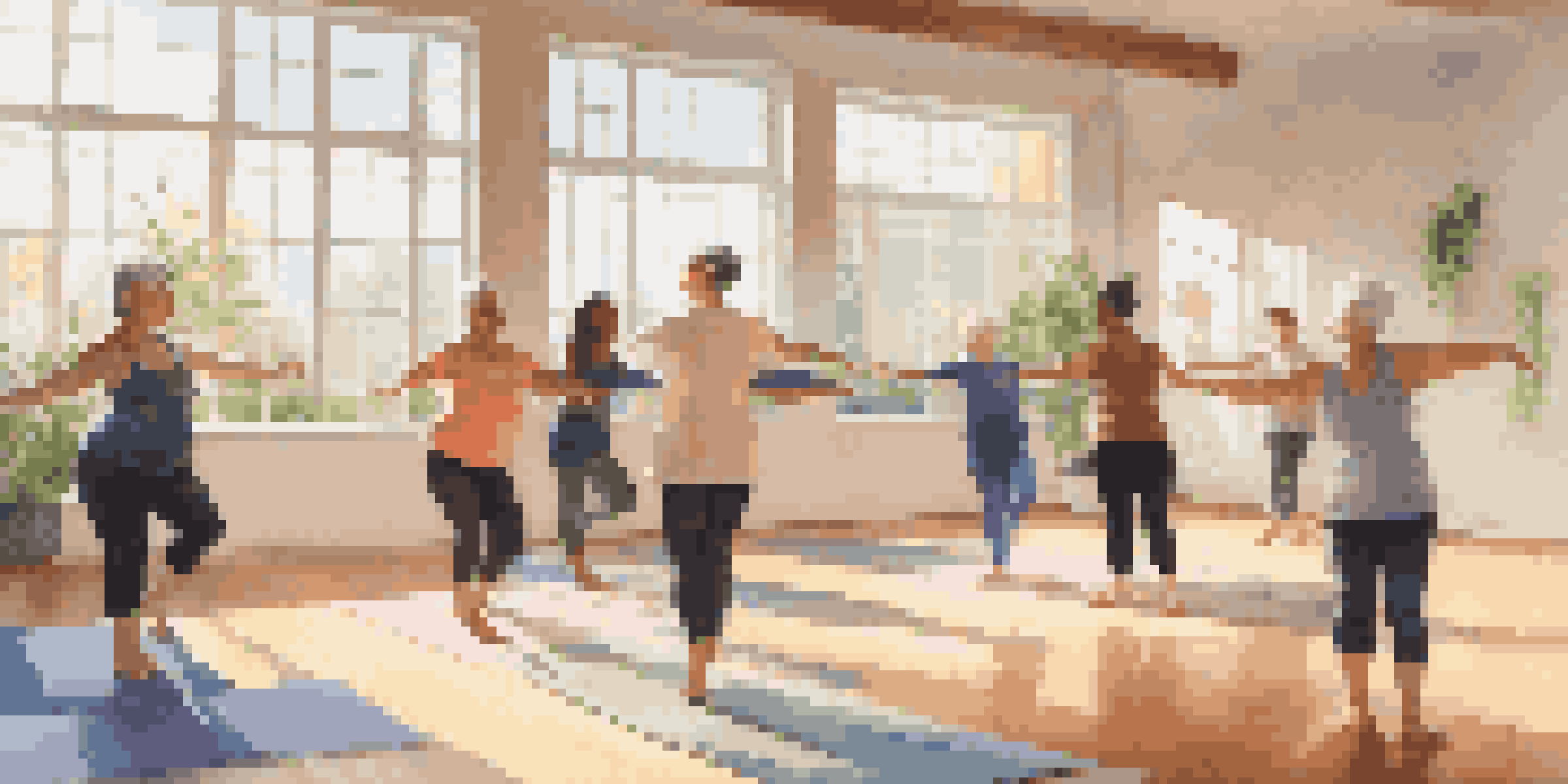 A dance therapy session in a bright studio with participants moving expressively, surrounded by natural light and calming decor.