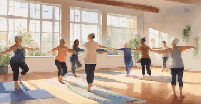 A dance therapy session in a bright studio with participants moving expressively, surrounded by natural light and calming decor.