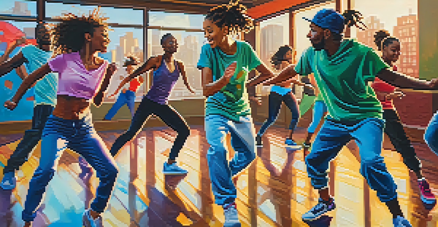 A group of diverse dancers in a hip-hop class, dancing energetically in an urban environment with colorful graffiti.