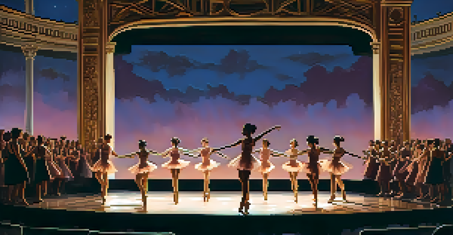 A group of dancers performing on an outdoor stage at twilight, with soft lighting and an engaged audience.