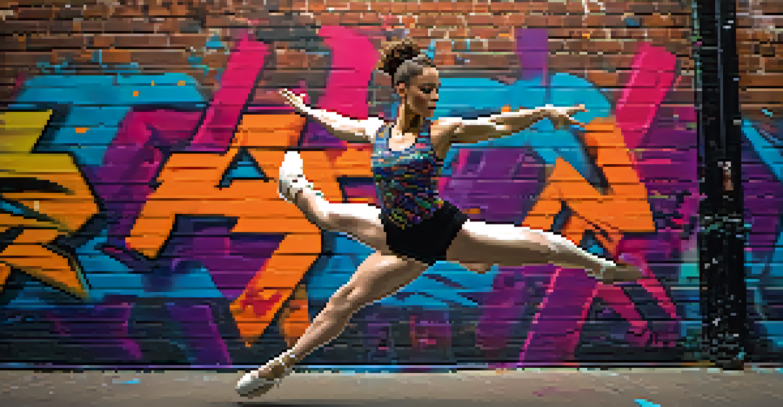 A contemporary dancer mid-leap in front of a colorful graffiti wall, capturing the energy and modern style of urban dance.