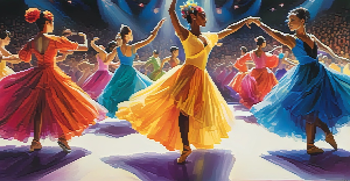 A lively dance competition with dancers in colorful costumes performing on stage, surrounded by an engaged audience.