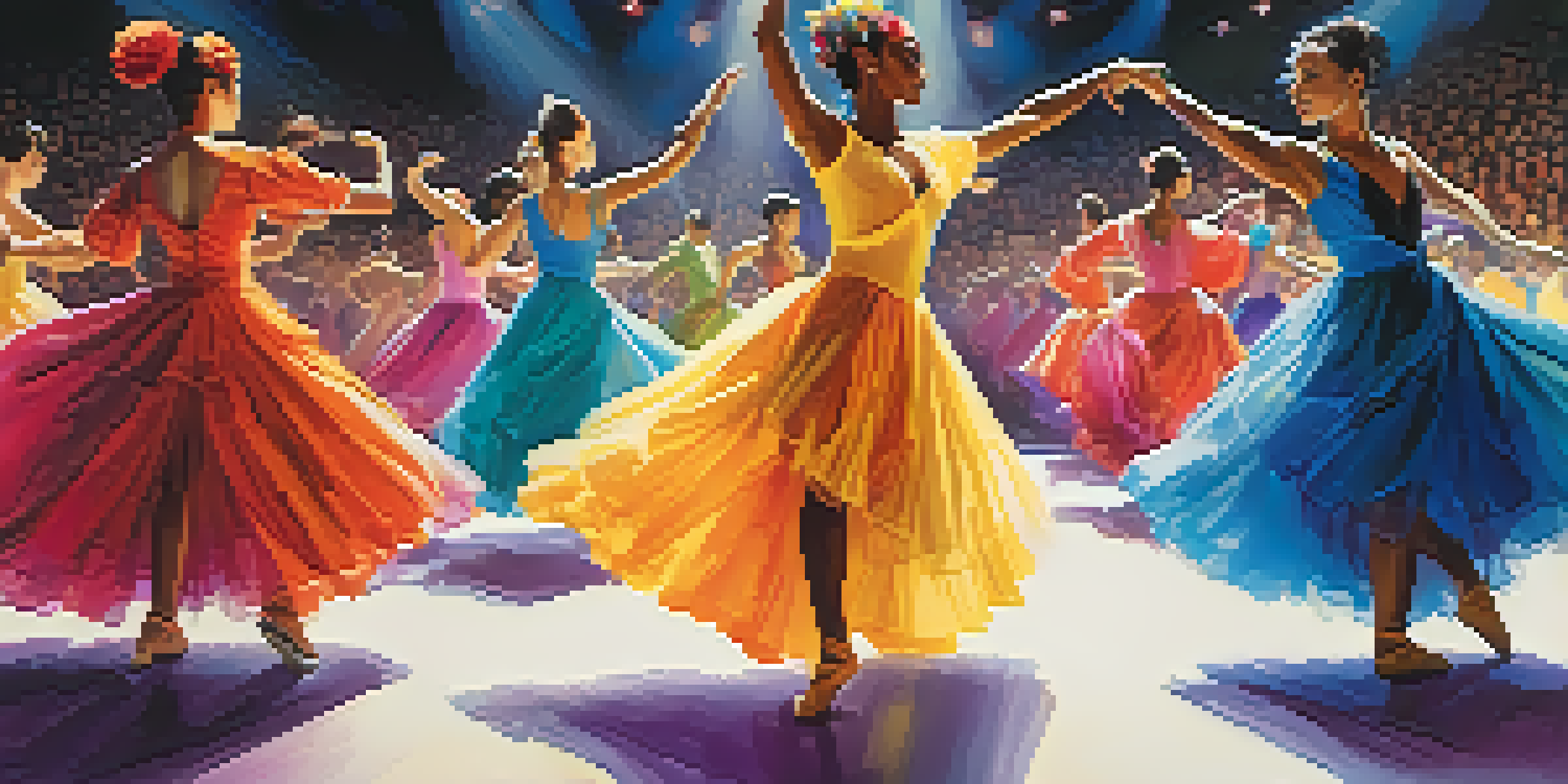 A lively dance competition with dancers in colorful costumes performing on stage, surrounded by an engaged audience.