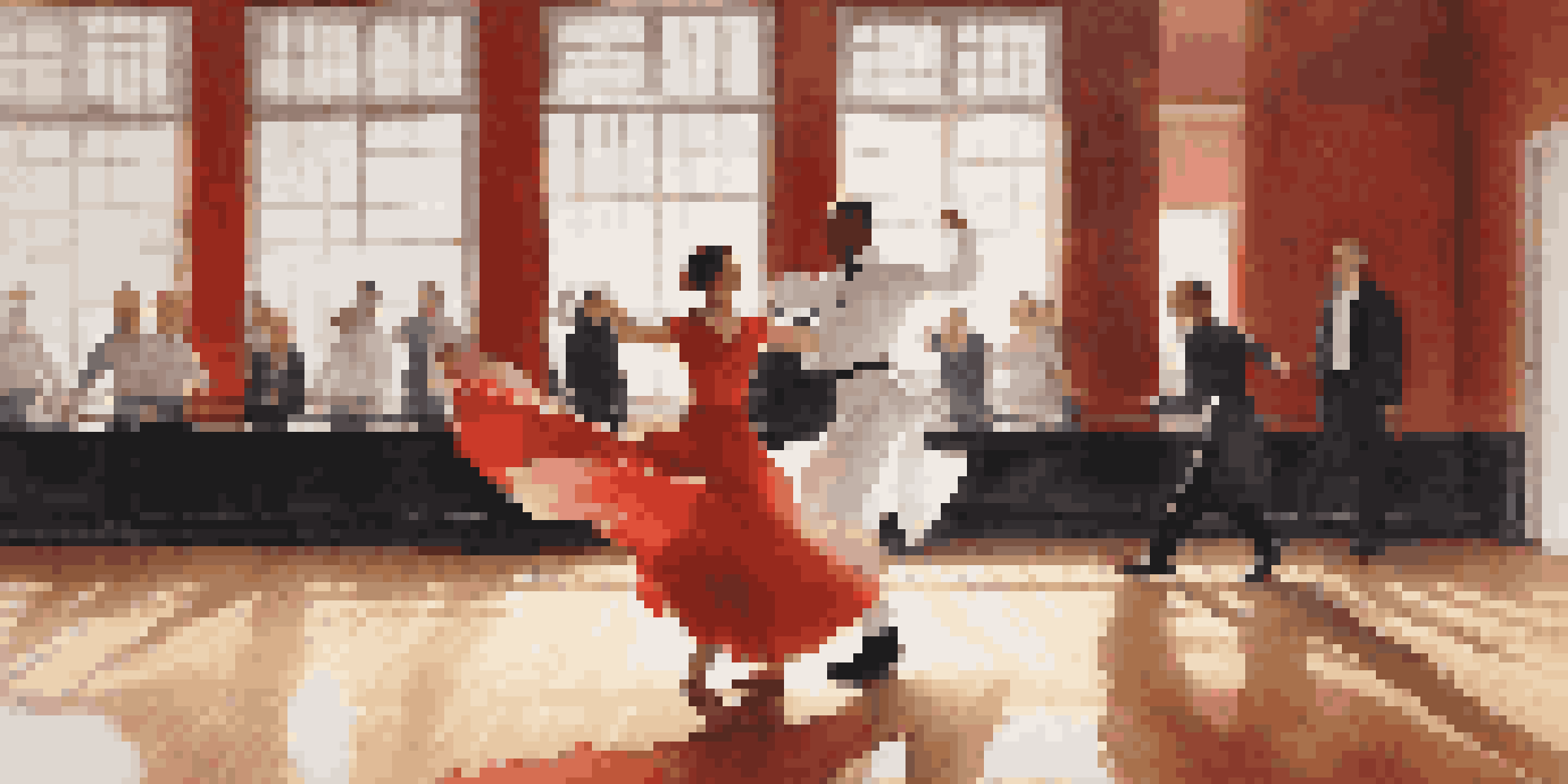 A dance partnership where a leader lifts a follower in a bright studio, showcasing strength and grace with reflections in the mirrors.