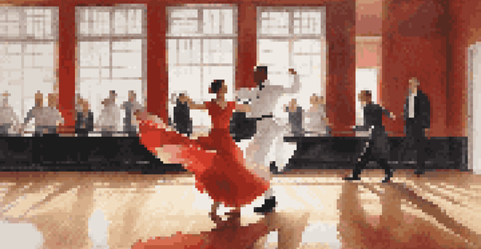 A dance partnership where a leader lifts a follower in a bright studio, showcasing strength and grace with reflections in the mirrors.