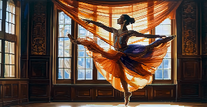 A dancer leaping gracefully on a sunlit stage with flowing curtains in warm colors and a vibrant costume.