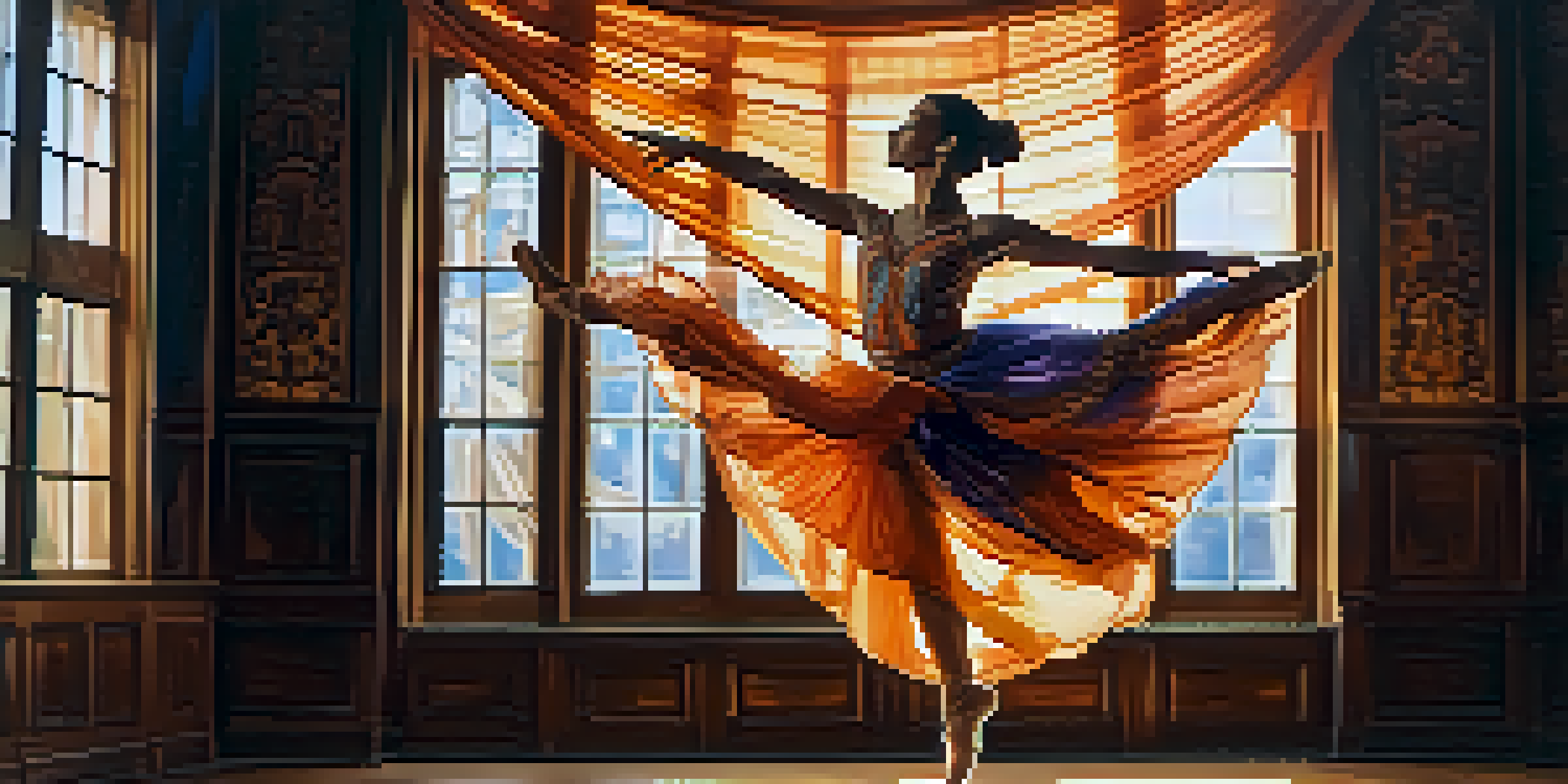 A dancer leaping gracefully on a sunlit stage with flowing curtains in warm colors and a vibrant costume.
