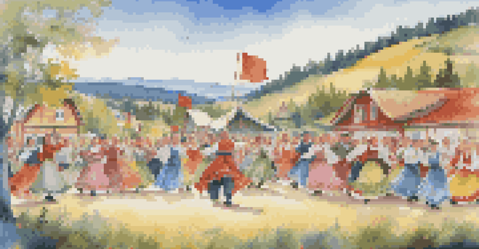 Dancers in colorful costumes performing on a wooden stage during a Scandinavian folk dance festival, with a scenic landscape in the background.