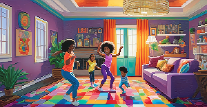 A family of four dancing joyfully in a colorful living room with warm lighting and a disco ball overhead.
