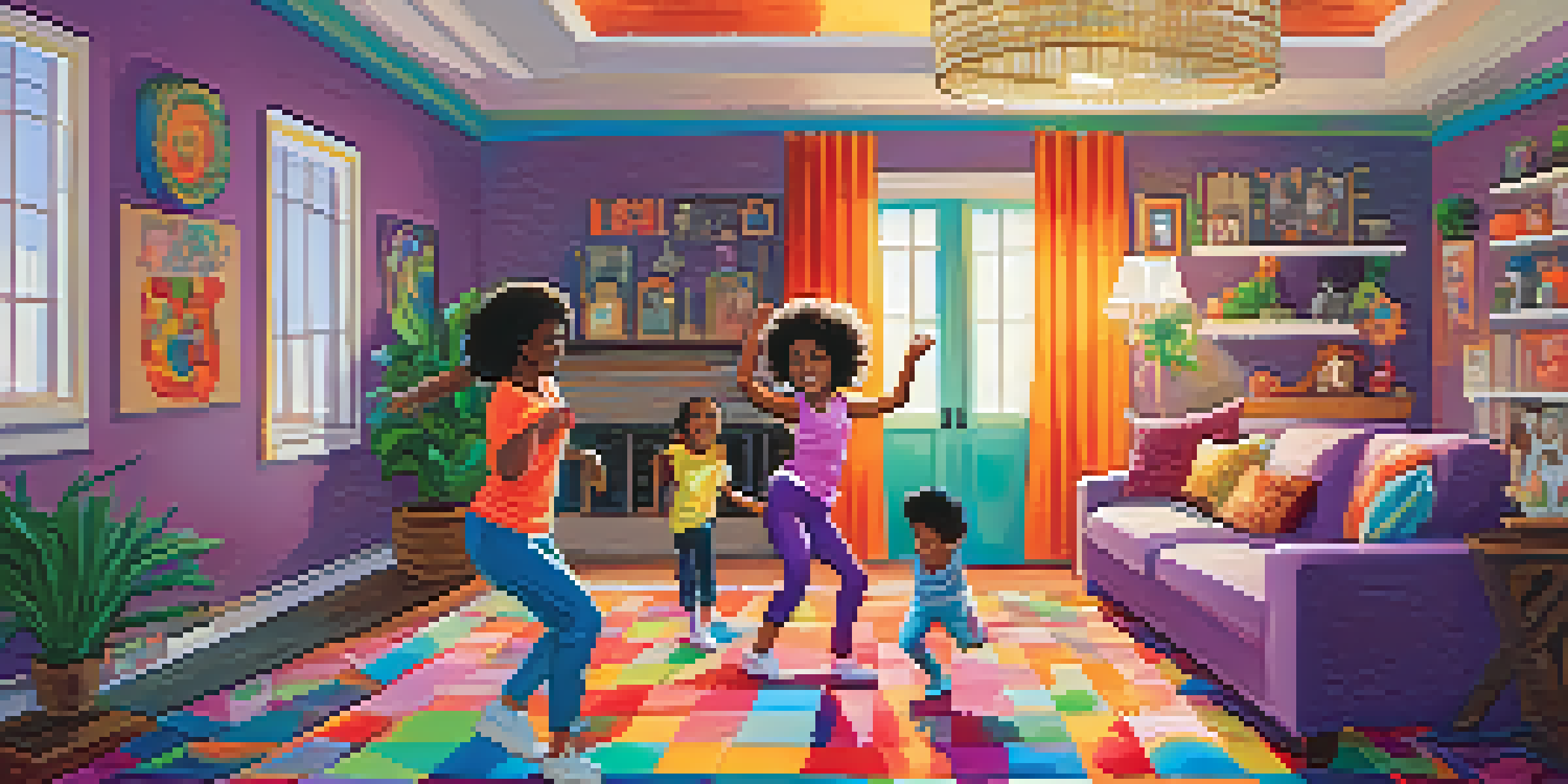 A family of four dancing joyfully in a colorful living room with warm lighting and a disco ball overhead.