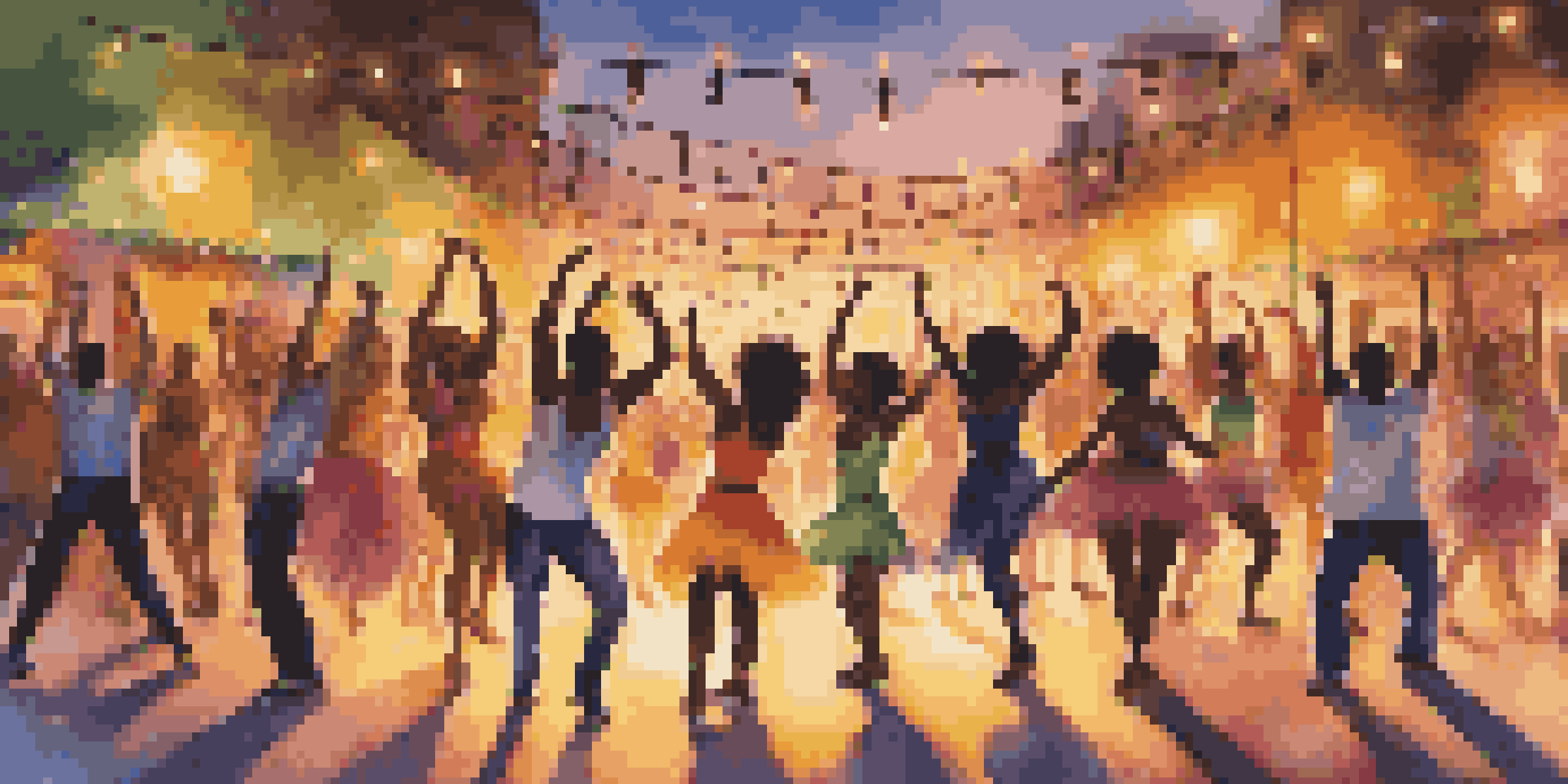 A lively outdoor dance party with diverse dancers in colorful outfits, performing under sunset lighting.