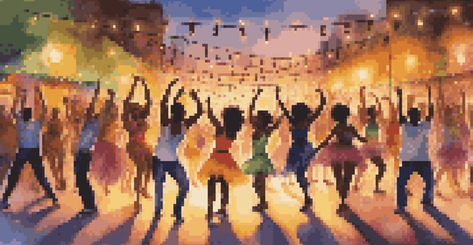 A lively outdoor dance party with diverse dancers in colorful outfits, performing under sunset lighting.