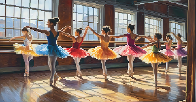 A bright dance studio with diverse dancers expressing joy through movement, surrounded by mirrors and ballet barres.