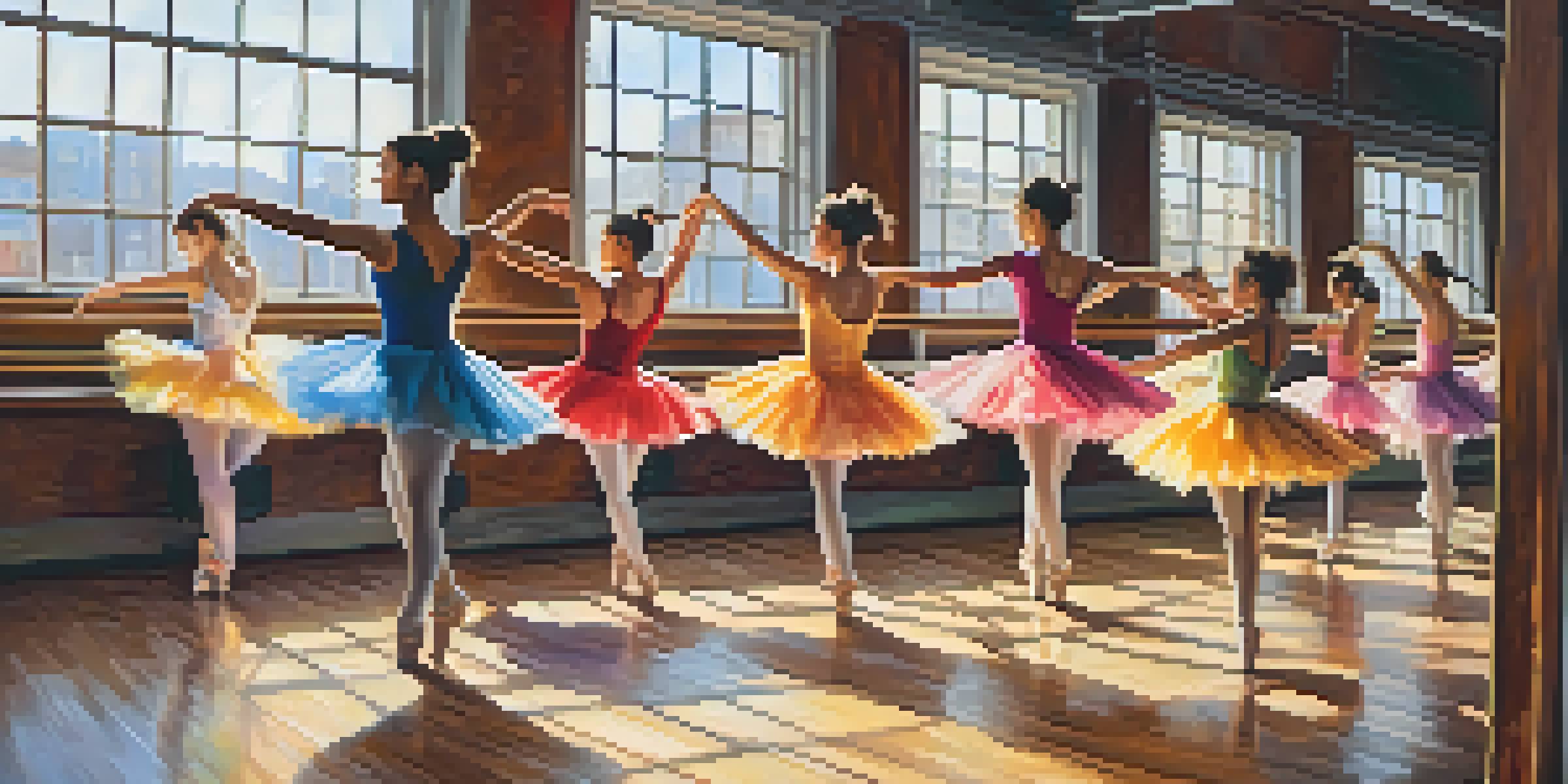 A bright dance studio with diverse dancers expressing joy through movement, surrounded by mirrors and ballet barres.