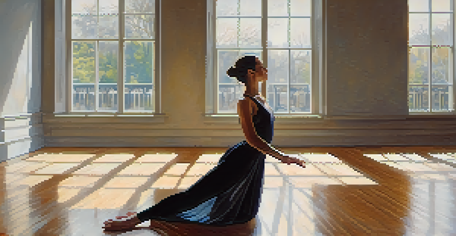 A dancer practicing in a sunlit studio with large windows, showcasing a moment of reflection and grace.