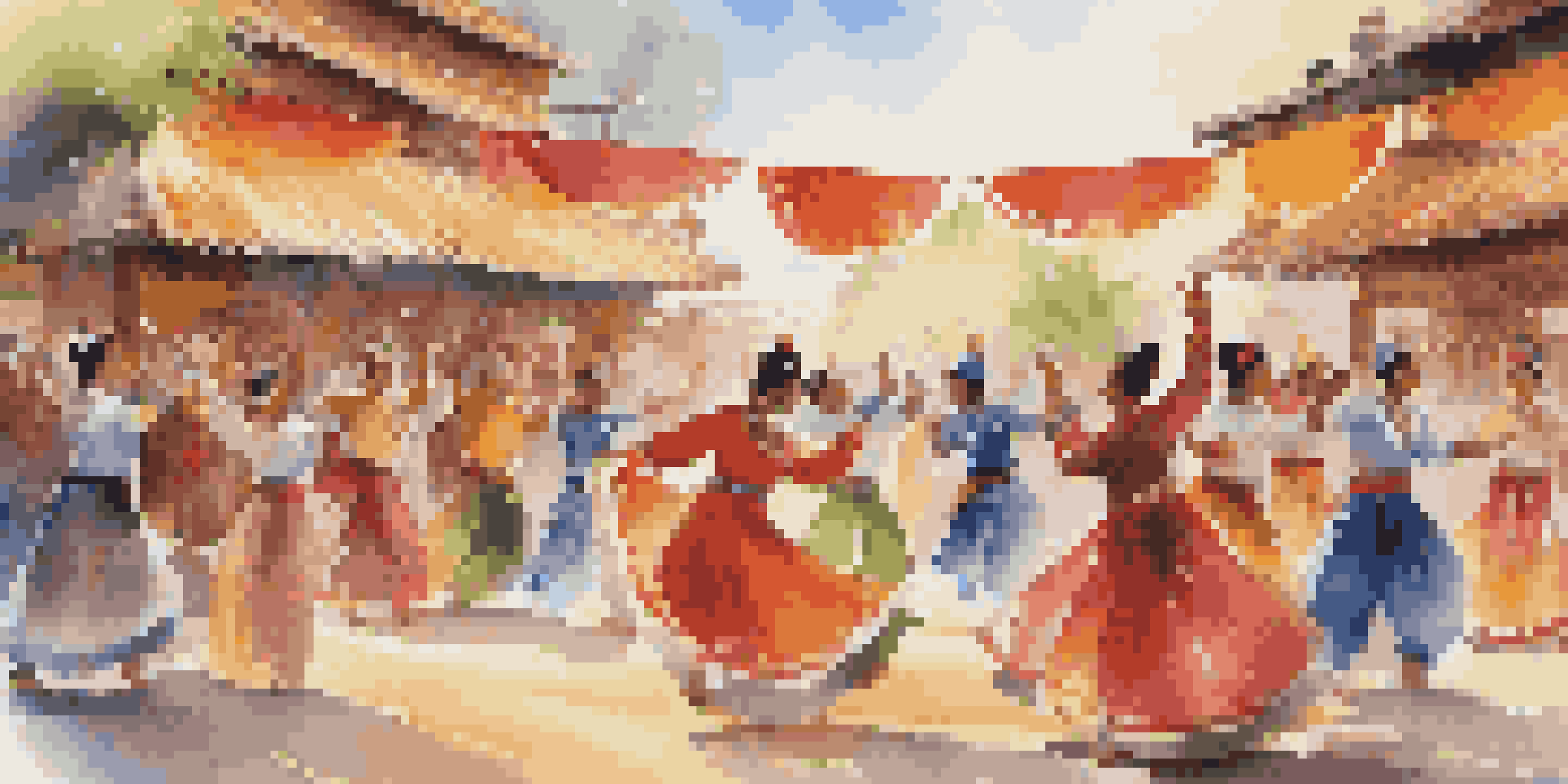 A lively dance festival featuring performers in traditional costumes from various cultures, with an engaged audience and colorful decorations.