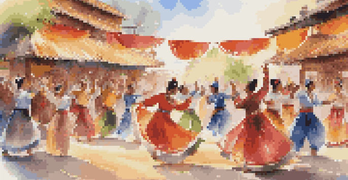 A lively dance festival featuring performers in traditional costumes from various cultures, with an engaged audience and colorful decorations.