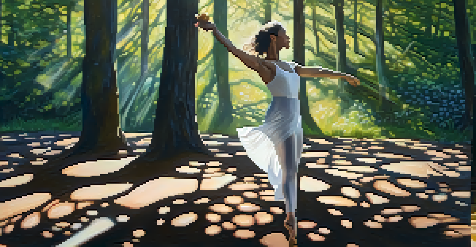 A dancer performing outdoors, engaging with projected images of nature, with sunlight filtering through the trees.