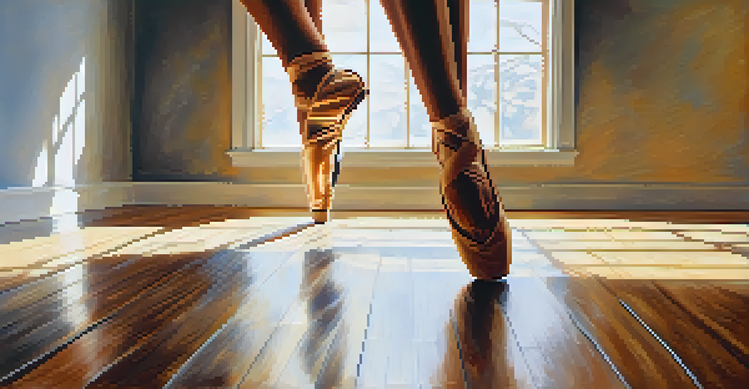 A close-up view of a dancer's feet dancing on a wooden floor, with sunlight streaming in and casting soft shadows.