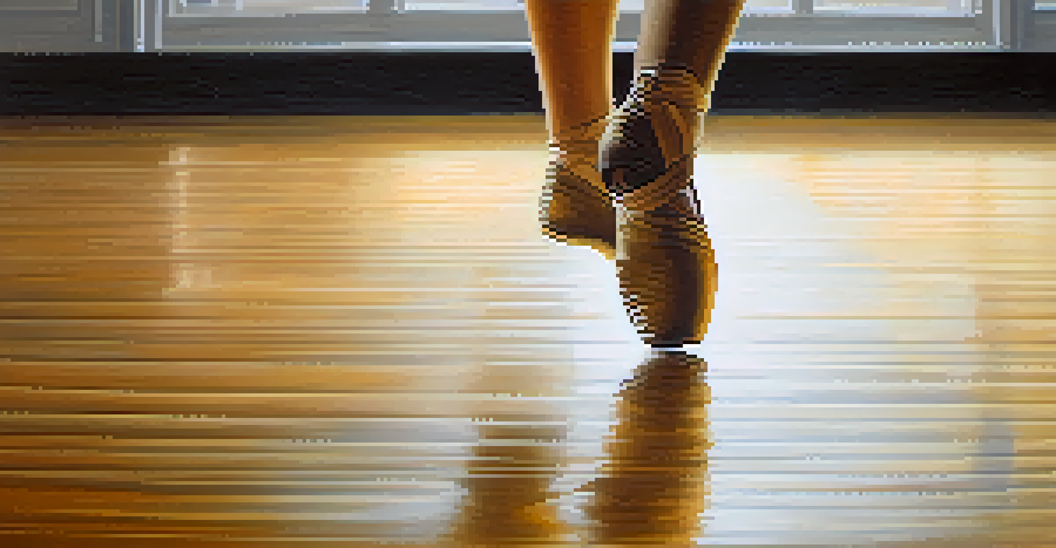 A close-up of a dancer's feet in motion on a polished wooden floor, showcasing the elegance and fluidity of contemporary dance.