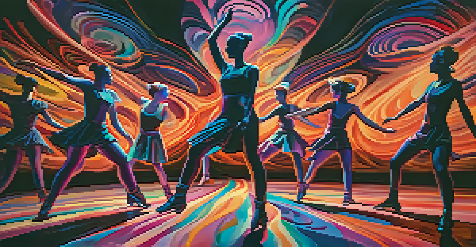 A virtual dance performance set in a colorful, abstract world, with dancers performing amid swirling shapes and dynamic lighting.