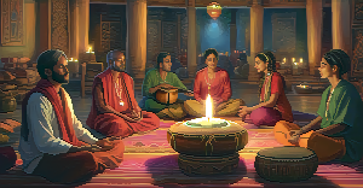 An intimate indoor Kirtan gathering with participants seated in a cozy circle, playing instruments and singing in soft candlelight and warm colors.