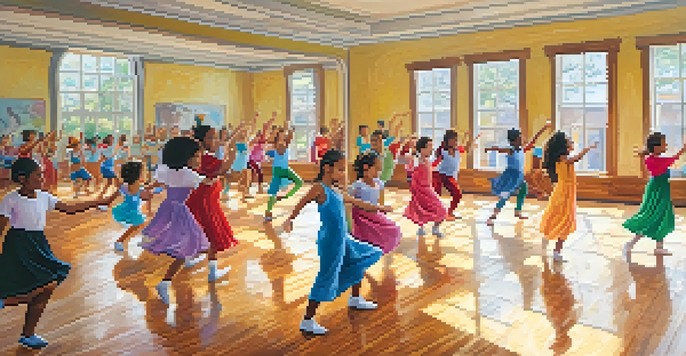 A diverse group of students practicing dance in a bright and lively classroom, showcasing joy and collaboration.
