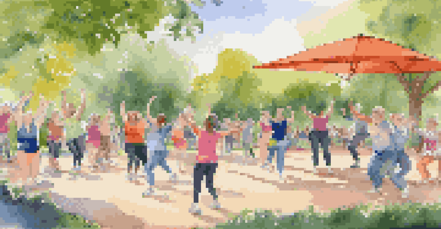 An outdoor adaptive dance workshop in a sunny park, where participants of all abilities are using exercise balls as props, showcasing lively interaction and inclusivity.