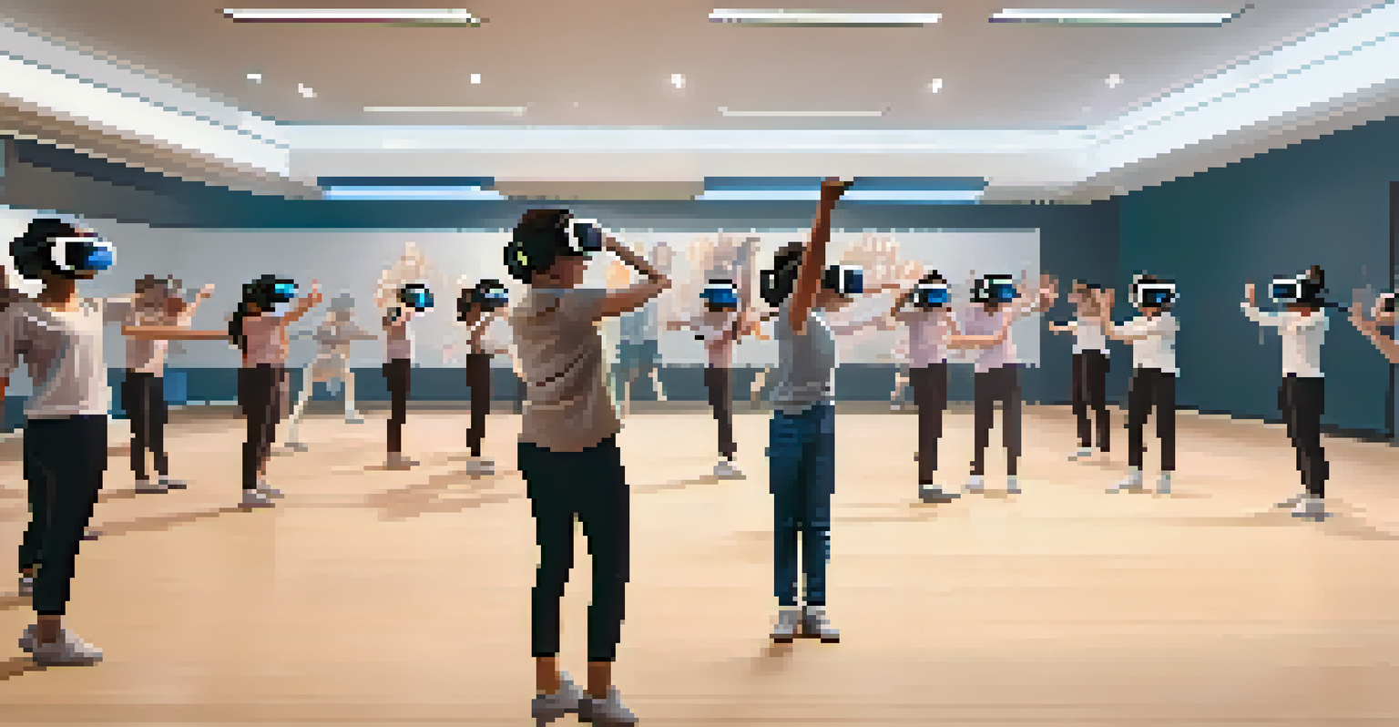 A dance instructor teaching students using virtual reality headsets in a bright classroom.