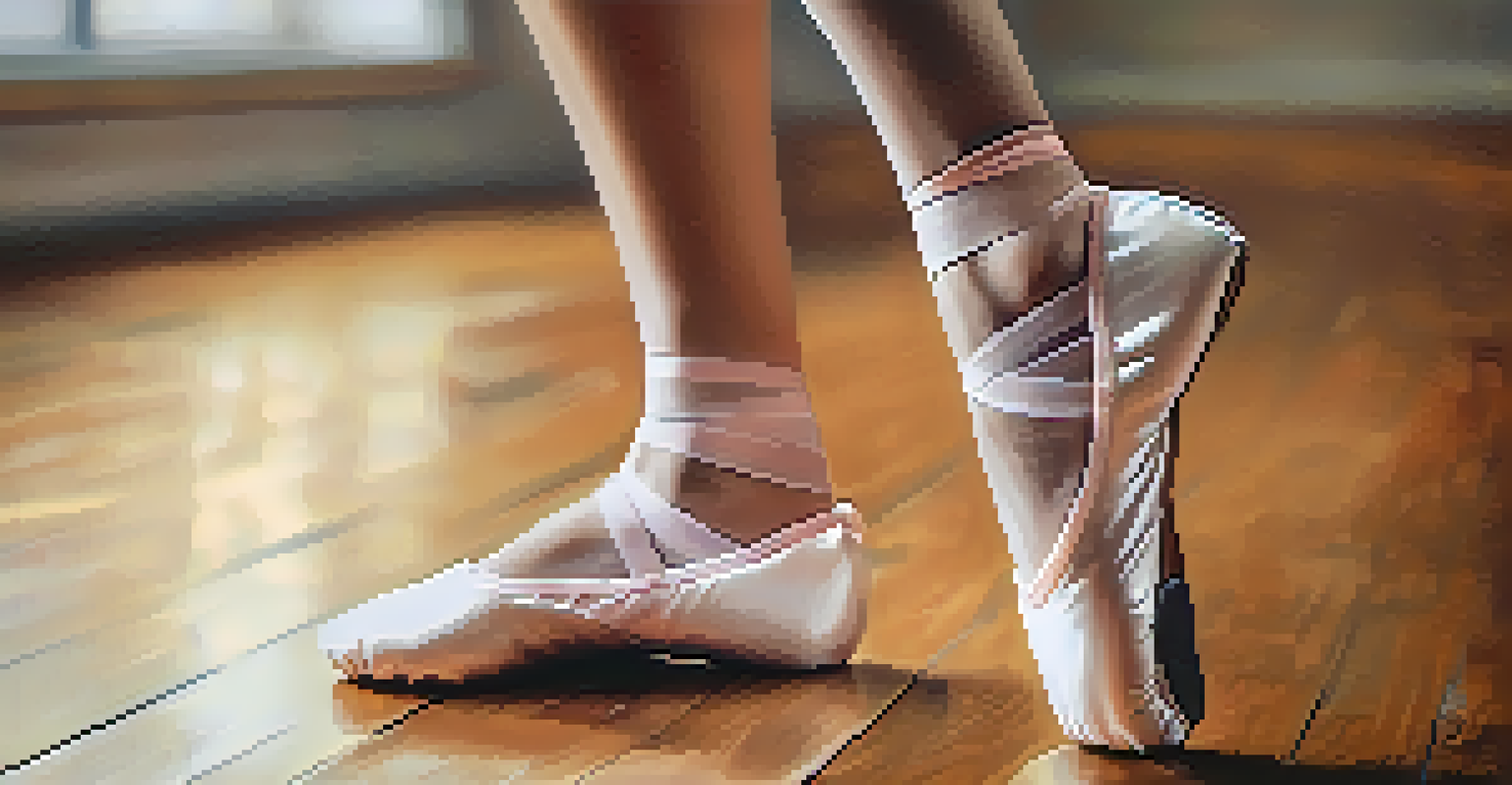 Close-up of a dancer's feet in ballet shoes on a wooden floor, wearing a fitness tracker on their ankle.