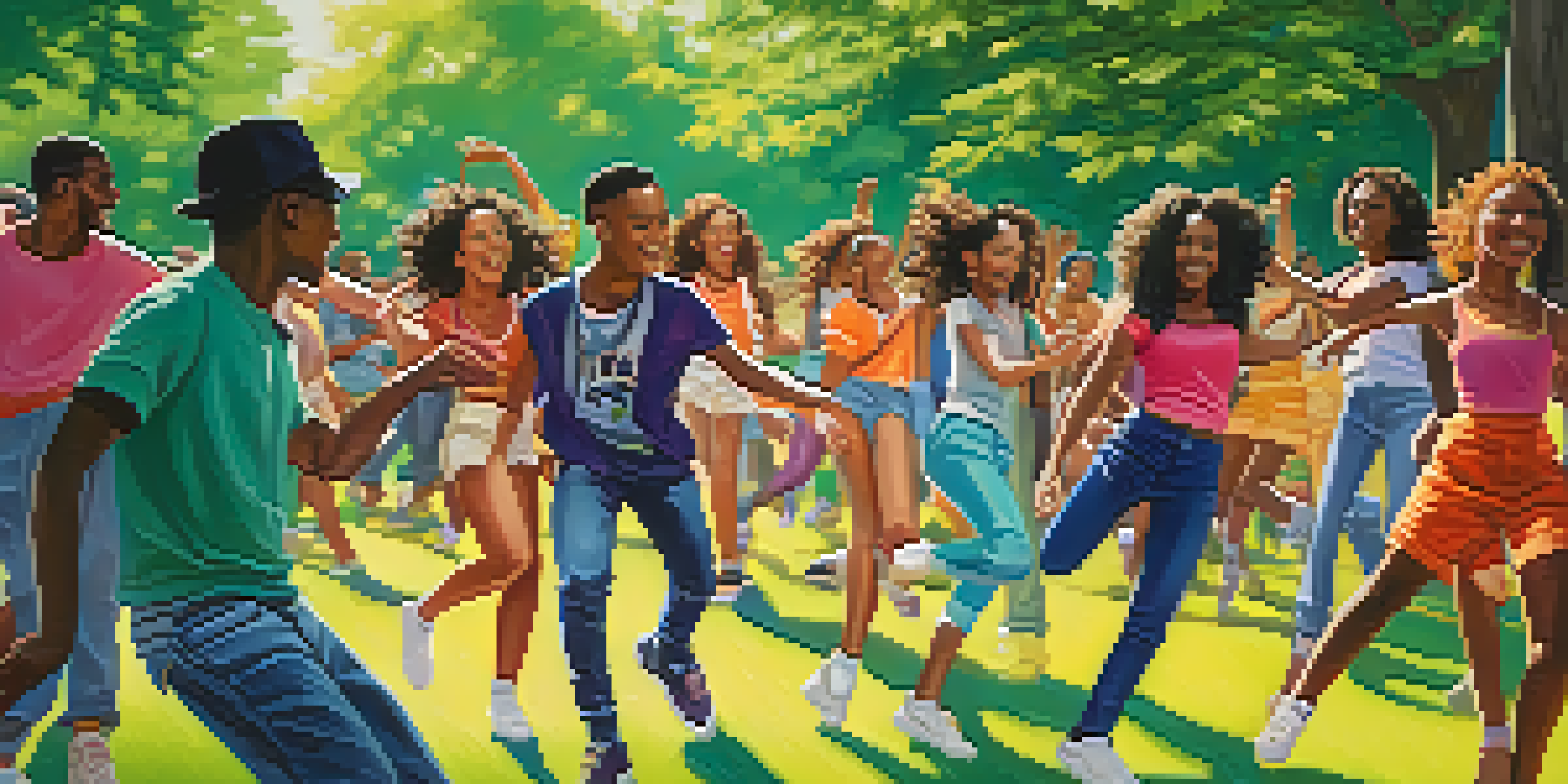 A diverse group of teenagers dancing in a sunlit park, surrounded by cheering spectators and vibrant greenery.